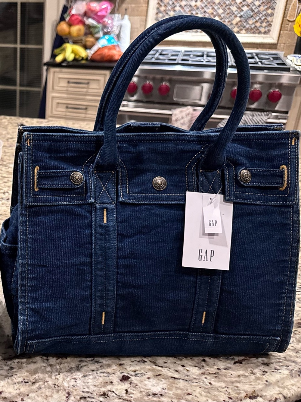 GAP Navy Denim Tote with Double Handles and Button Detail